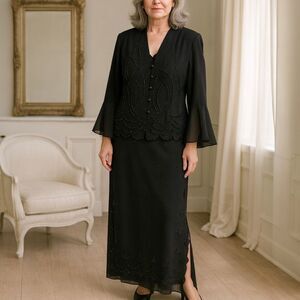 J.R. NITES WOMAN  Beaded Black Chiffon 2Piece Formal Evening Skirt Suit 20W